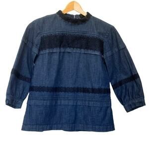 Banana Republic Lace Denim Blouse Sz XS Women’s Puff Sleeves Lace Panels Blue